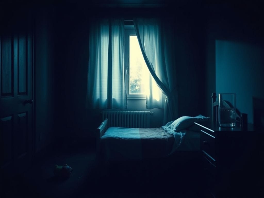 Flick International A dimly lit child's bedroom with a bed and an untouched toy, evoking a sense of vulnerability and foreboding.