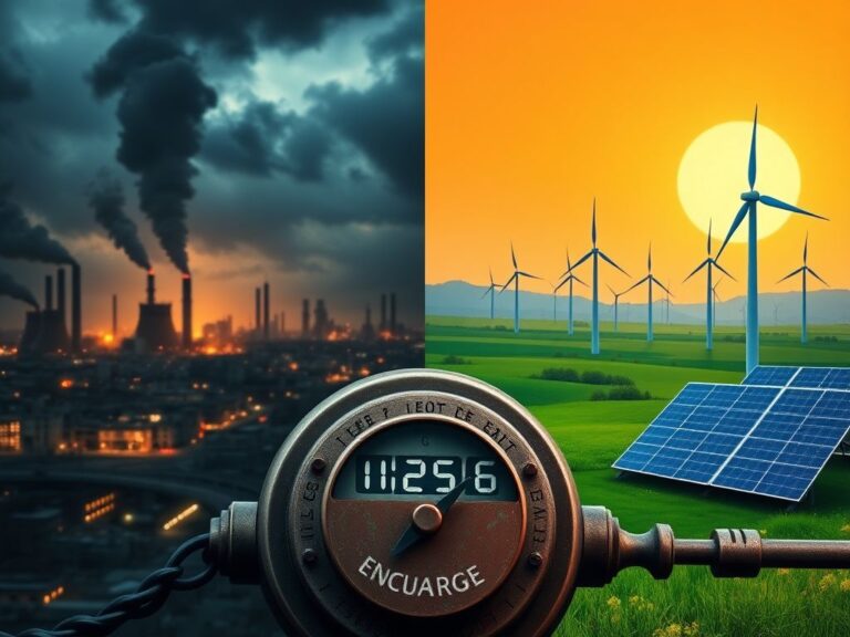 Flick International A split landscape image contrasting a chaotic cityscape with a vibrant green energy future.