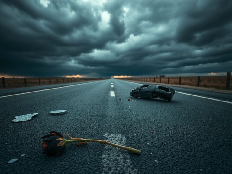 Flick International A deserted road with wilted flowers representing loss from a tragic accident