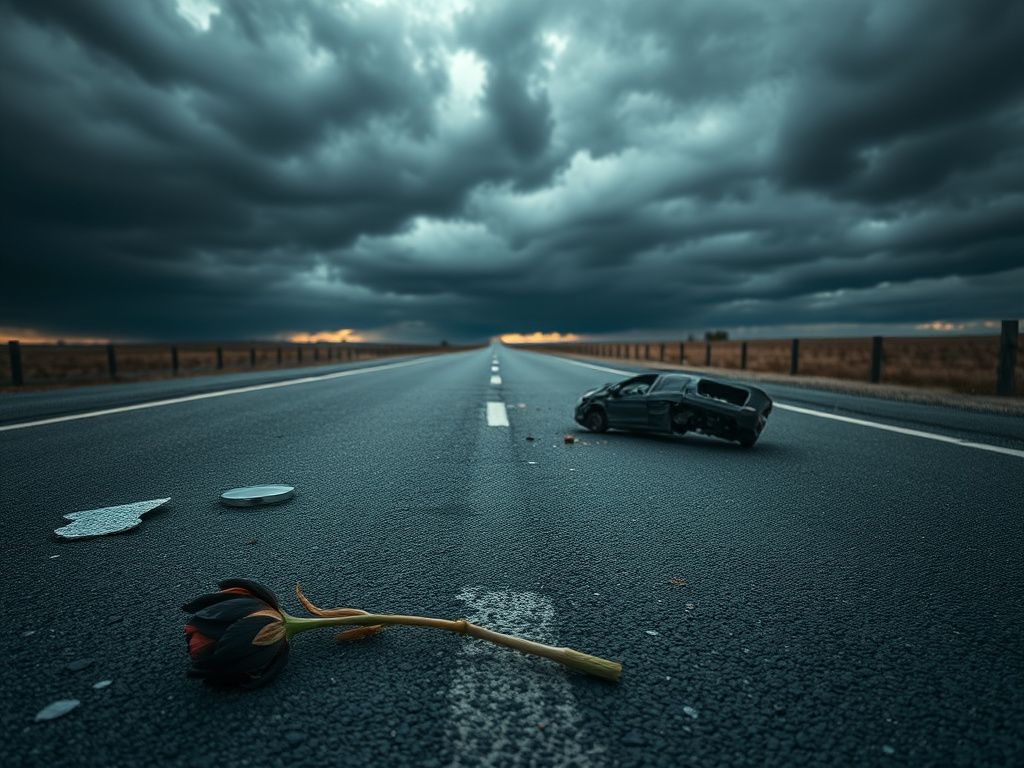 Flick International A deserted road with wilted flowers representing loss from a tragic accident