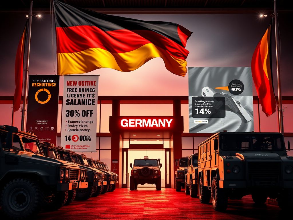 Flick International Dynamic scene of a German military recruitment center with military vehicles and a waving national flag