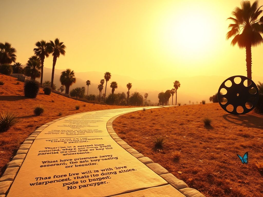 Flick International Serene Hollywood landscape with a winding path lined with inspirational quotes and iconic elements like palm trees and vintage film reels