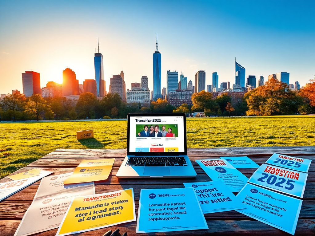 Flick International Vibrant New York City skyline with sunrise illuminating a park setup for fundraising.