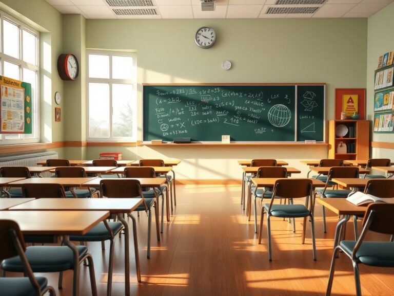 Flick International Peaceful classroom scene with empty desks, chalkboard filled with math equations, and educational posters