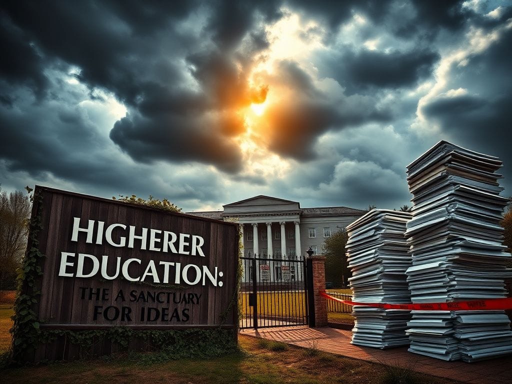 Flick International A dynamic university campus scene symbolizing tension between academic freedom and governmental control.