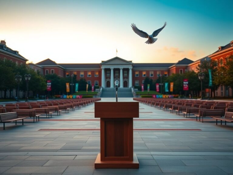 Flick International Serene university campus scene at dusk with a podium symbolizing free expression