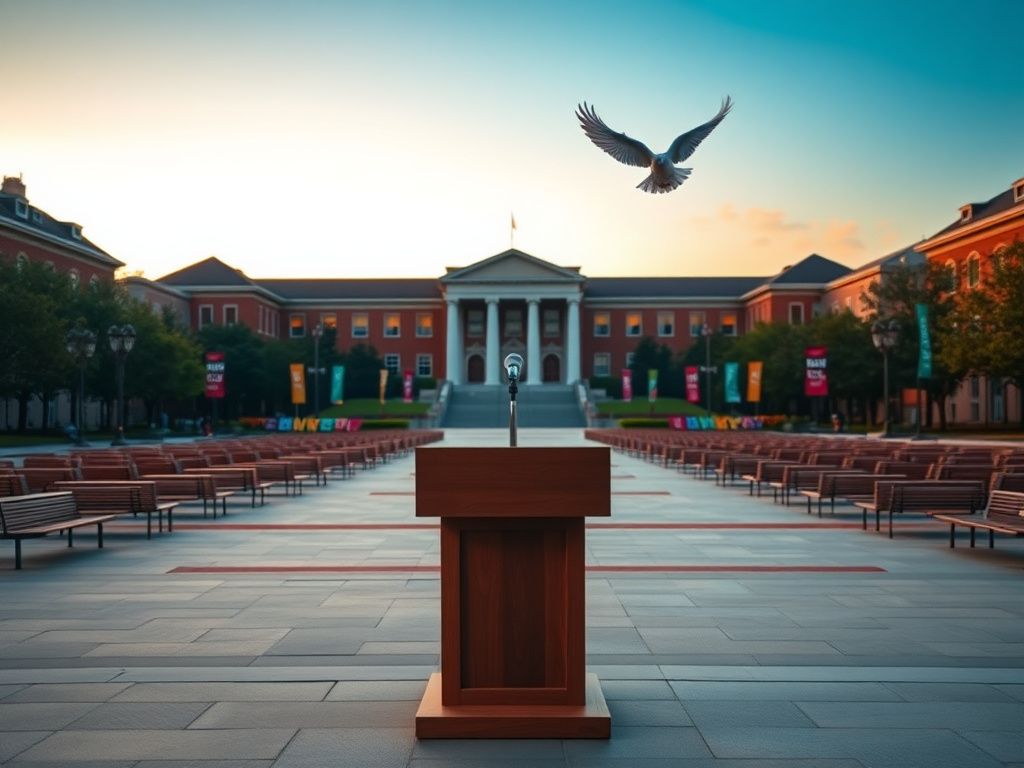 Flick International Serene university campus scene at dusk with a podium symbolizing free expression