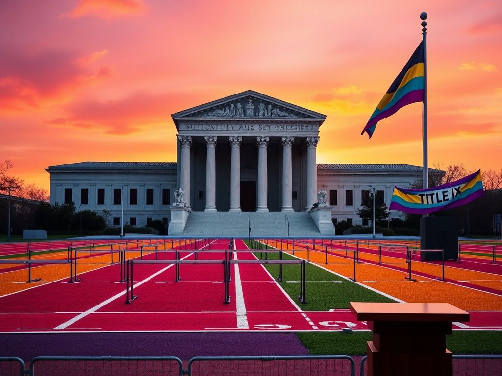 Flick International A symbolic scene showcasing the Supreme Court building alongside a vibrant college sports field representing inclusivity and support for LGBTQ+ rights.