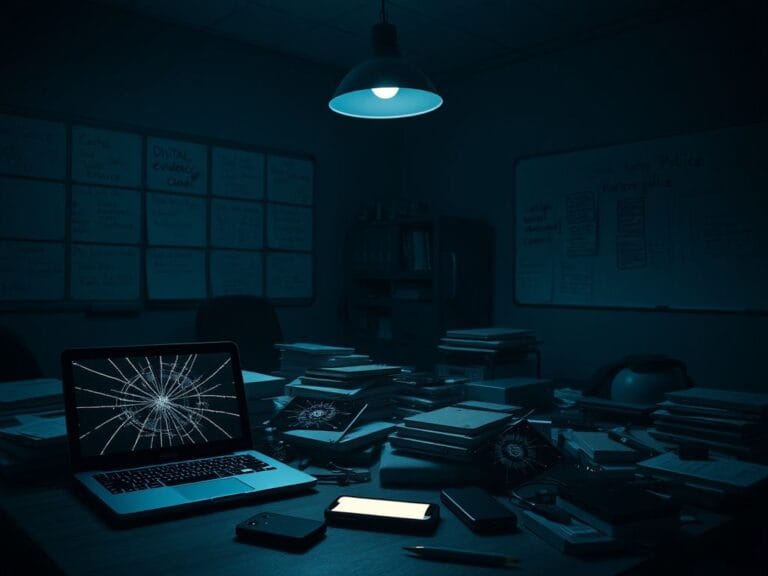 Flick International A dark, cluttered police evidence room showcasing digital forensic tools.