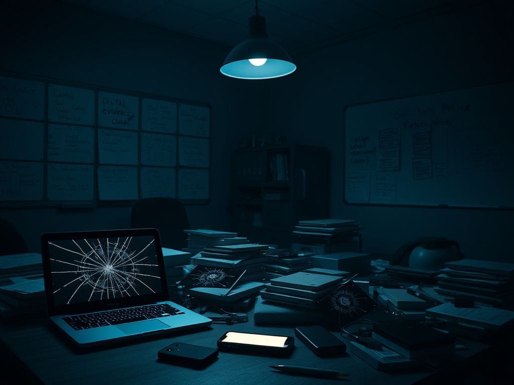 Flick International A dark, cluttered police evidence room showcasing digital forensic tools.
