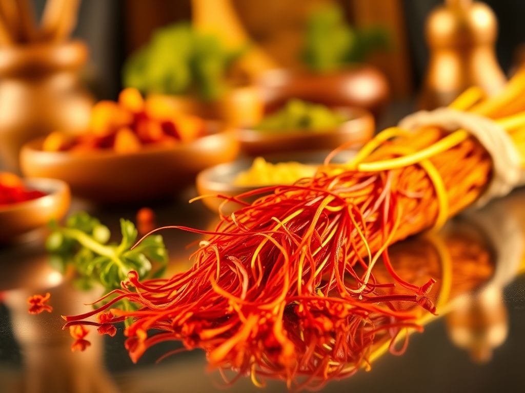 Flick International Close-up of vibrant saffron threads with fresh herbs and colorful spices