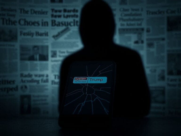 Flick International A cracked smartphone screen displaying muted text messages related to Epstein and Trump against a shadowy background.