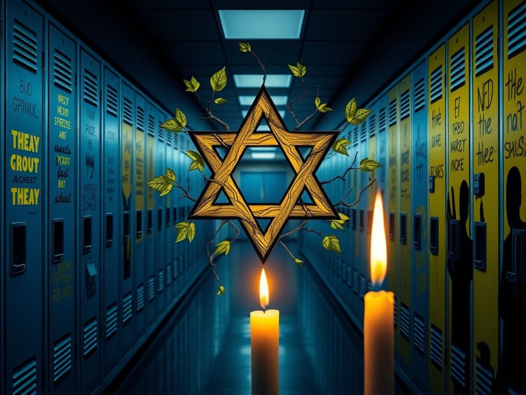 Flick International Symbolic image of a Jewish star entwined in vines, representing resilience against the backdrop of a school hallway.