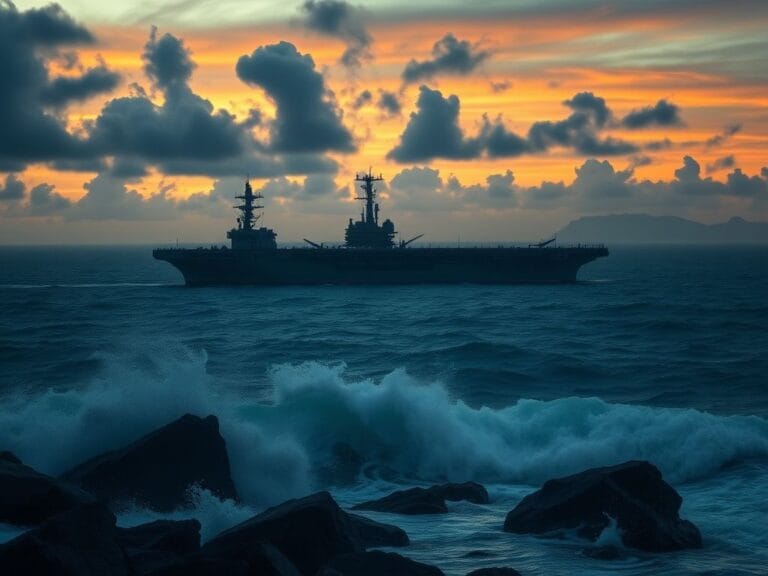 Flick International USS Gerald Ford aircraft carrier in the Caribbean with ominous evening sky