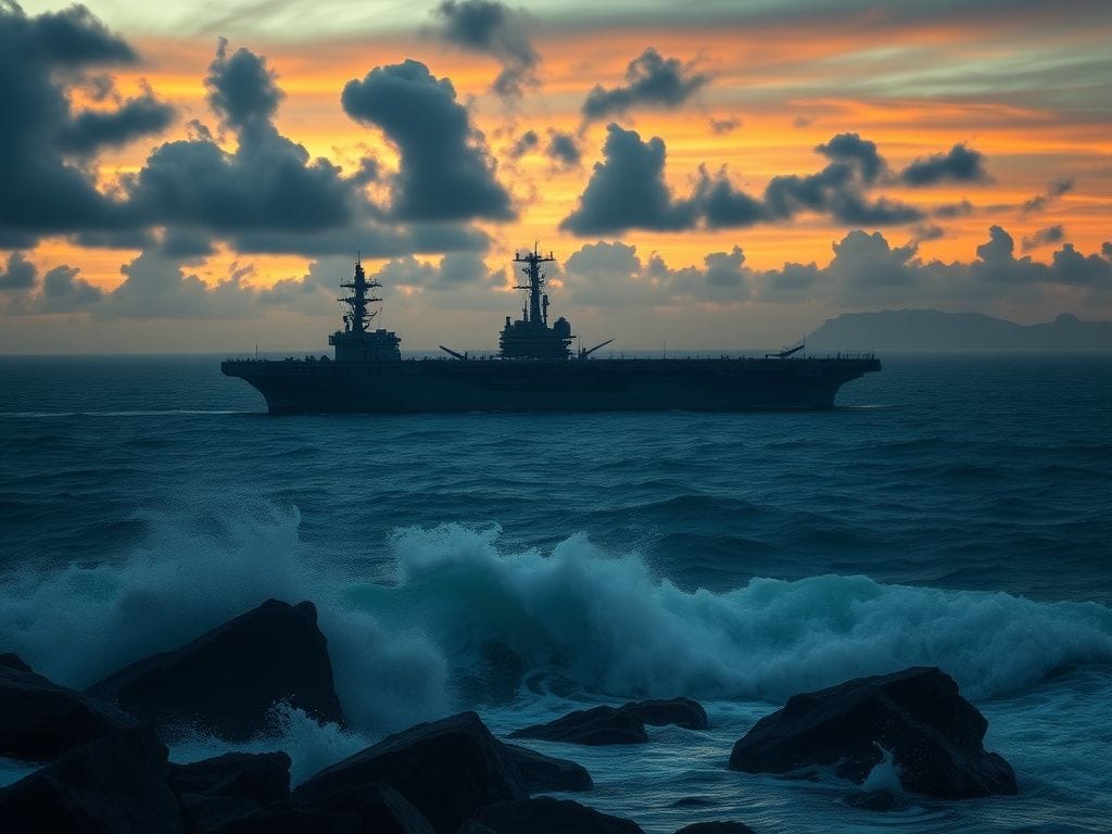 Flick International USS Gerald Ford aircraft carrier in the Caribbean with ominous evening sky