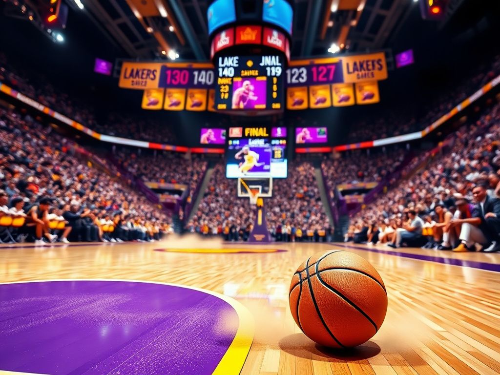 Flick International A vibrant basketball court scene featuring an intense game between the Los Angeles Lakers and Utah Jazz.