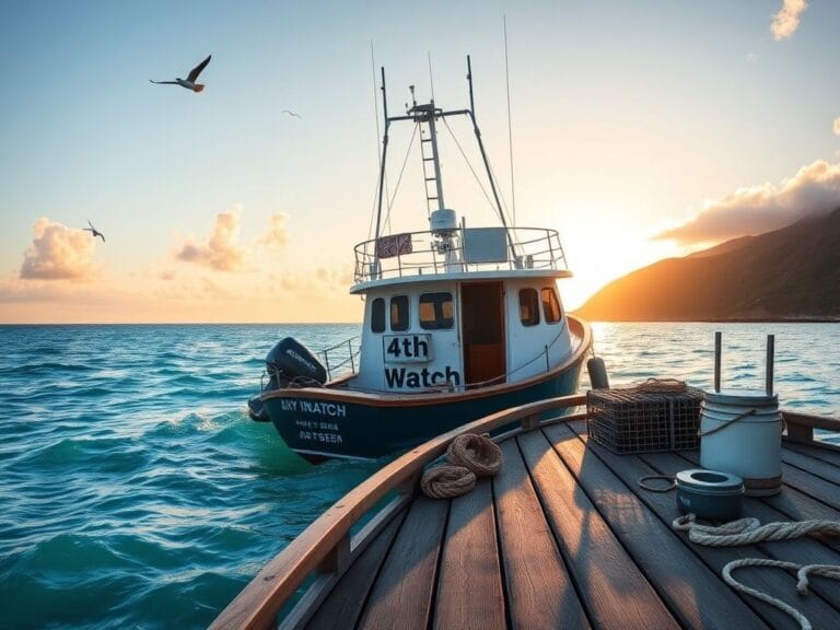 Flick International A fishing boat named '4th Watch' rocking gently on the turquoise waters of the California coast at dawn.