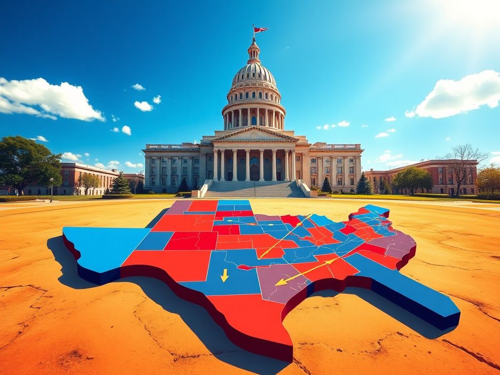 Flick International A vibrant illustration of the Texas state capitol building under a blue sky with a stylized gerrymandered congressional map in the foreground.