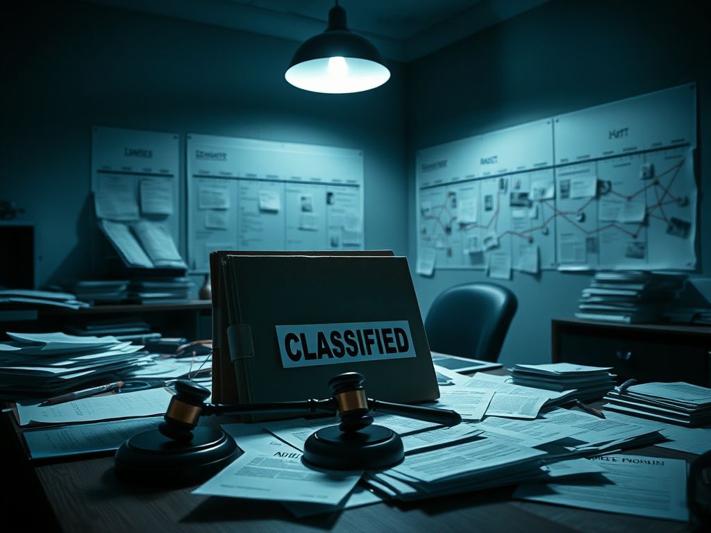 Flick International Dimly lit office setting with a cluttered desk and a large sealed 'CLASSIFIED' folder, symbolizing secrecy in an investigation