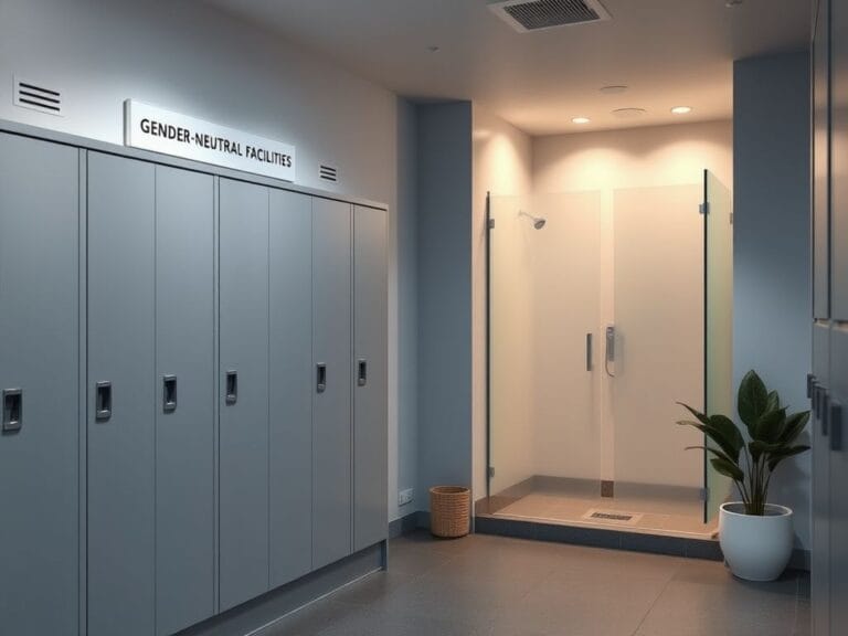 Flick International Modern gym locker room featuring gender-neutral changing areas