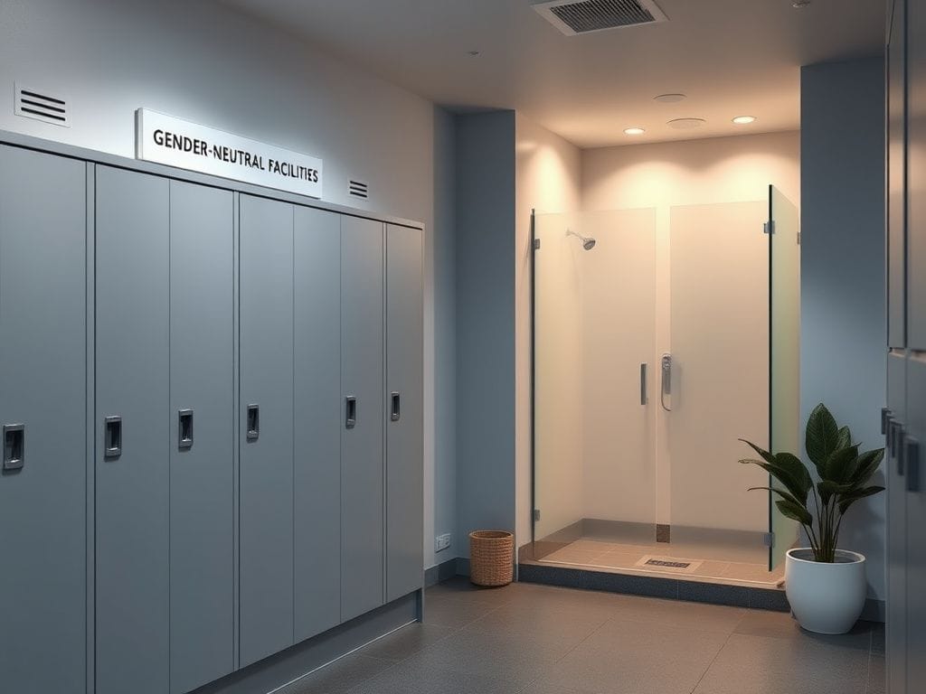 Flick International Modern gym locker room featuring gender-neutral changing areas