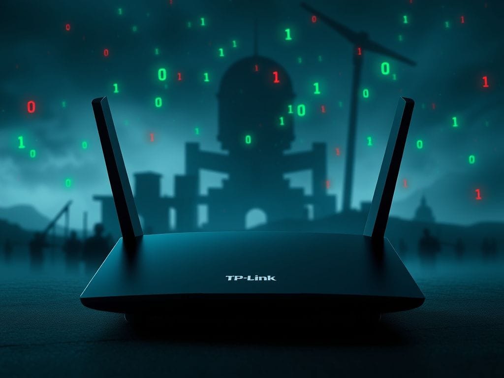 Flick International Close-up of a modern TP-Link Wi-Fi router with ominous digital threats in the background