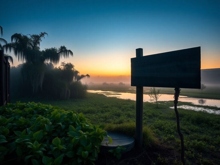 Flick International Misty Louisiana bayou at dawn with cypress trees and industrial backdrop