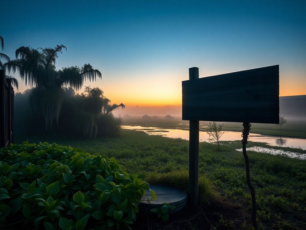 Flick International Misty Louisiana bayou at dawn with cypress trees and industrial backdrop