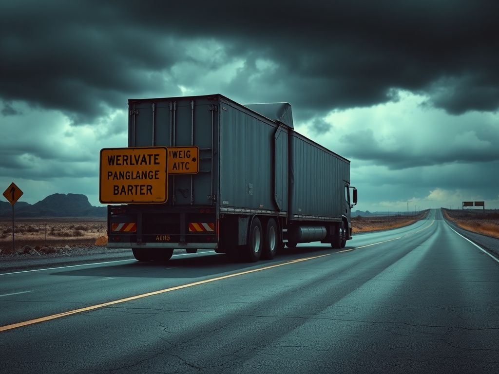 Flick International A large 18-wheeler truck parked at a desolate weigh station with cracked pavement and faded road signs.