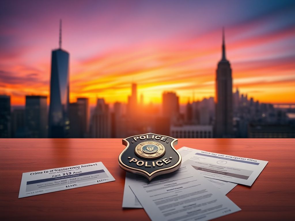 Flick International A view of the New York City skyline at dusk with police badge symbolizing law enforcement integrity