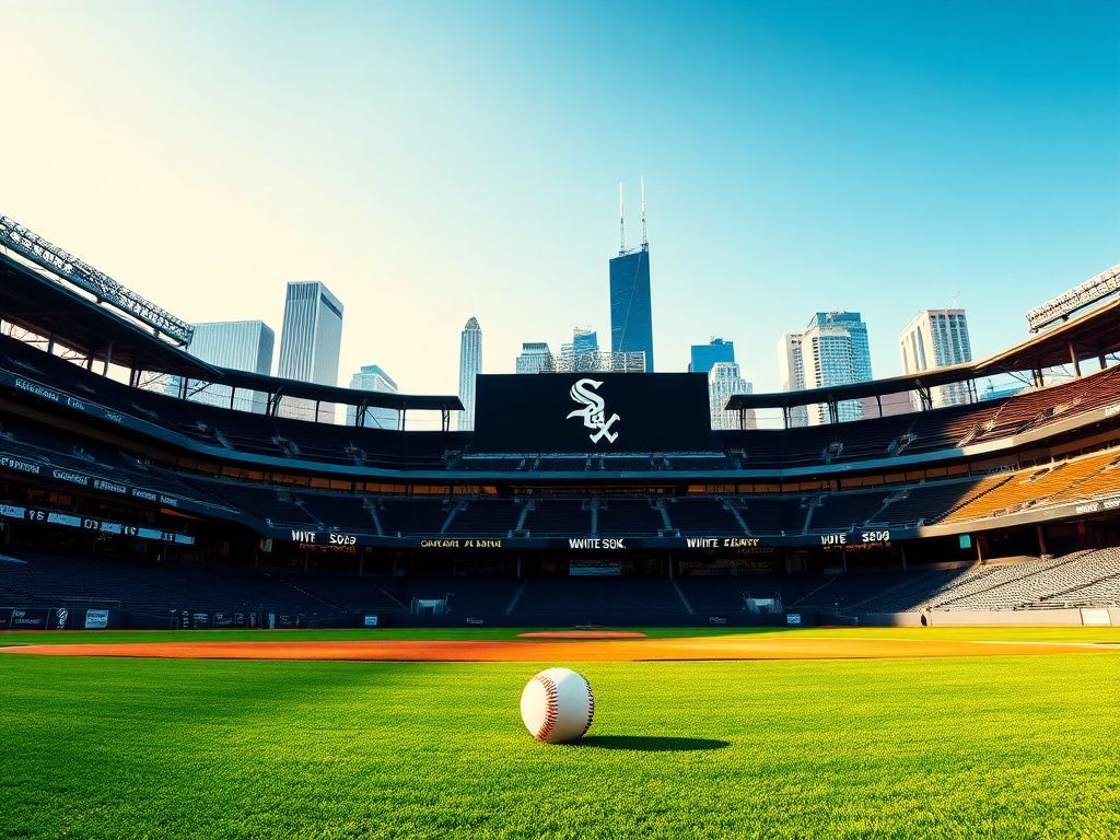 Flick International A vibrant view of the new Chicago White Sox stadium under a clear blue sky, featuring a baseball on the pitcher's mound.