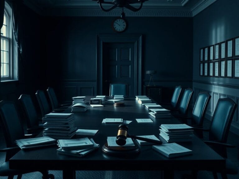 Flick International Empty conference room with a large wooden table and stacks of confidential documents, symbolizing political tension