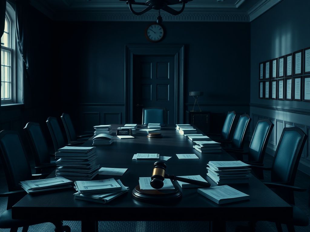 Flick International Empty conference room with a large wooden table and stacks of confidential documents, symbolizing political tension