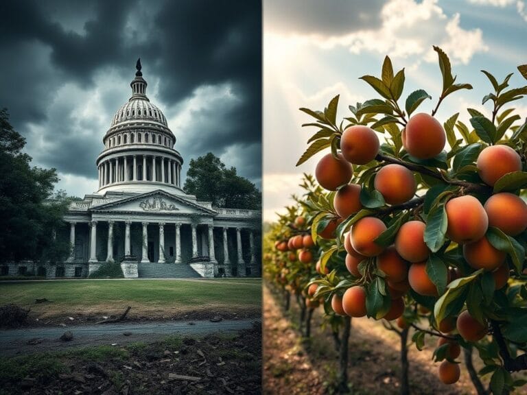 Flick International A split scene depicting a crumbling Capitol building alongside a vibrant peach orchard in Georgia.