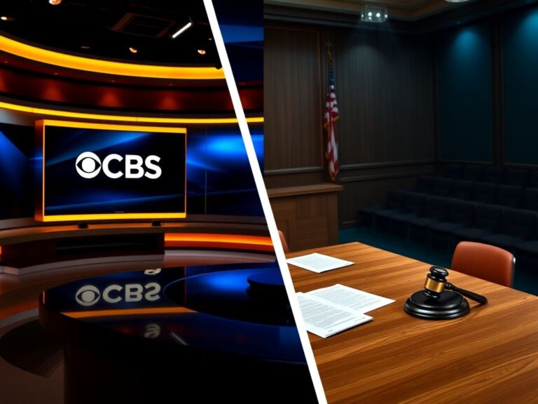 Flick International Split-screen image showing a CBS television studio and a courtroom, highlighting Donald Trump's interview and lawsuit settlement