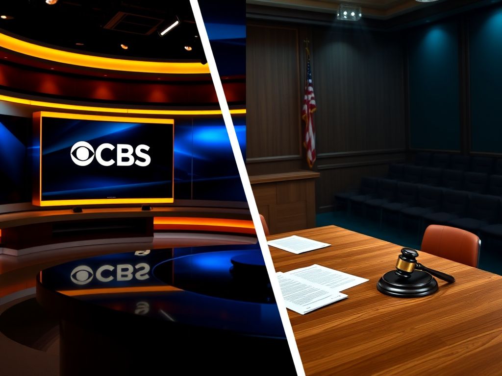 Flick International Split-screen image showing a CBS television studio and a courtroom, highlighting Donald Trump's interview and lawsuit settlement