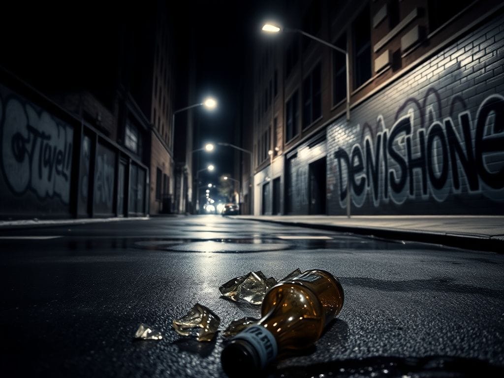 Flick International Dark urban street scene in Chicago at night reflecting violence and chaos