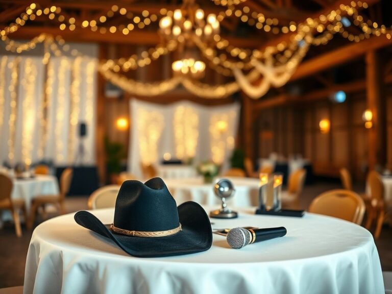Flick International Two stylish black cowboy hats on a white tablecloth at a CMA Awards event