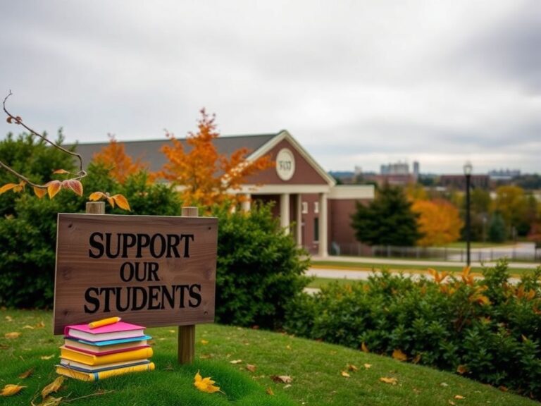Flick International A school building in Wake County, North Carolina, surrounded by autumn leaves and a weathered sign reading 'Support Our Students'