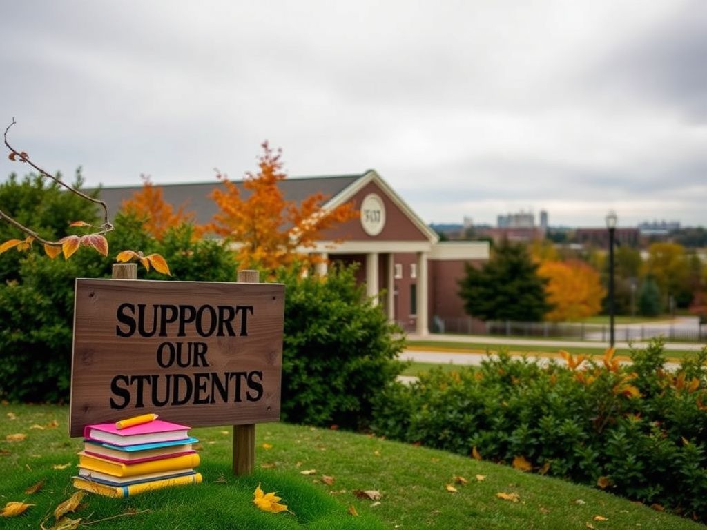 Flick International A school building in Wake County, North Carolina, surrounded by autumn leaves and a weathered sign reading 'Support Our Students'