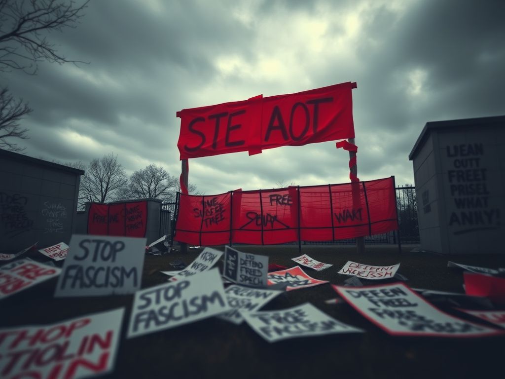 Flick International Dark and dramatic scene of a university campus protest with signs about stopping fascism and defending free speech