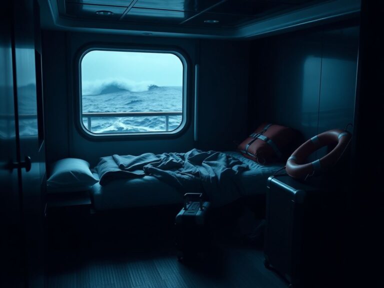 Flick International Darkly lit cabin room on a cruise ship with unmade bed and life jackets