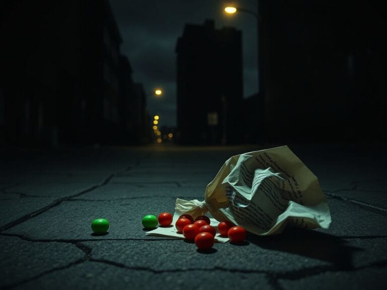 Flick International Dark urban scene featuring abandoned sinister-looking candy on cracked sidewalk