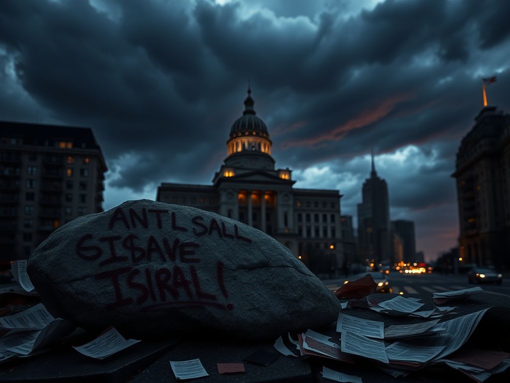 Flick International Dystopian cityscape at dusk with dark storm clouds and political symbols