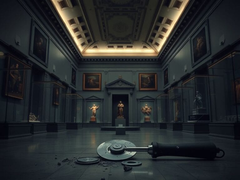 Flick International Interior view of the Louvre museum featuring the Apollo Gallery with a disc cutter and cut metal remnants.