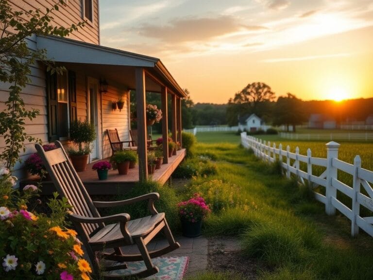 Flick International A serene Virginia farmhouse with a vintage rocking chair and blooming garden at sunset.