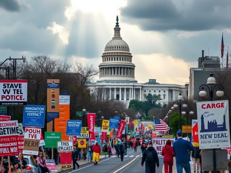 Flick International A bustling city street in Washington, D.C. with the Capitol building in the background and colorful political signs in the foreground