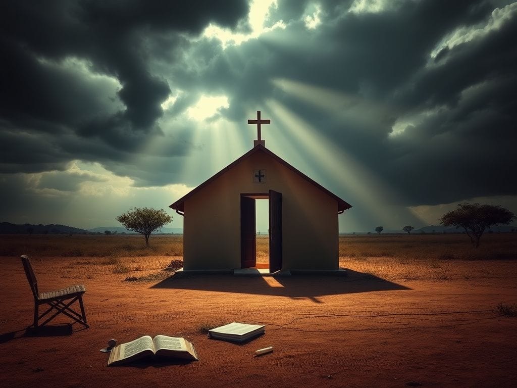 Flick International Exterior view of a rustic church in Nigeria after a violent attack