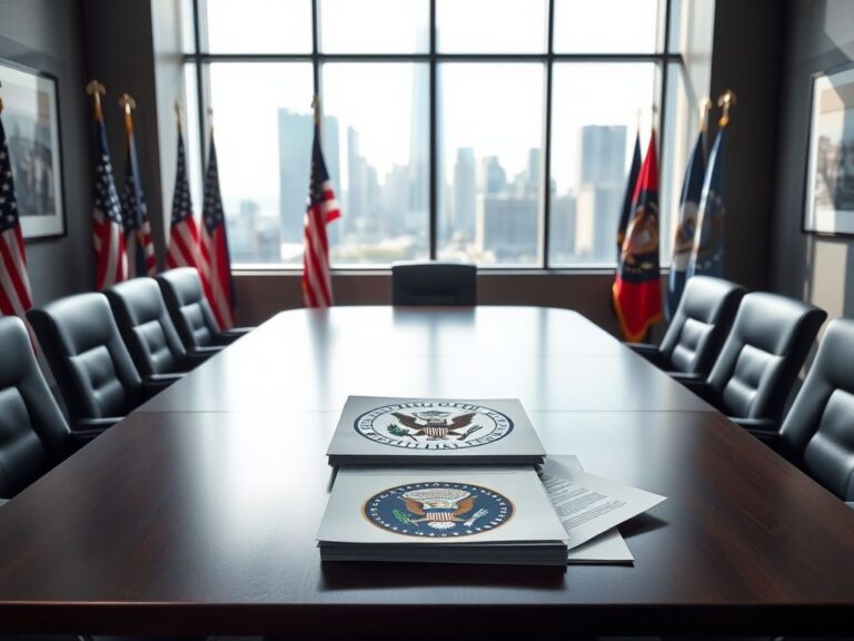 Flick International Empty conference room table in a government office setting with documents and commendation letters
