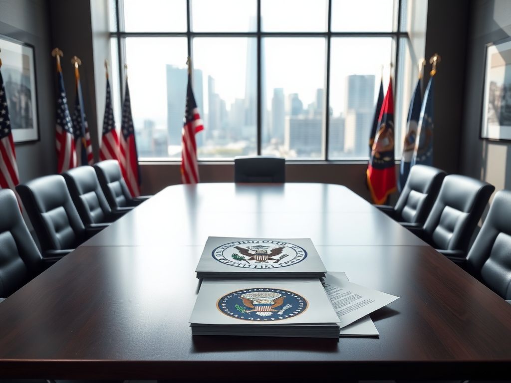 Flick International Empty conference room table in a government office setting with documents and commendation letters